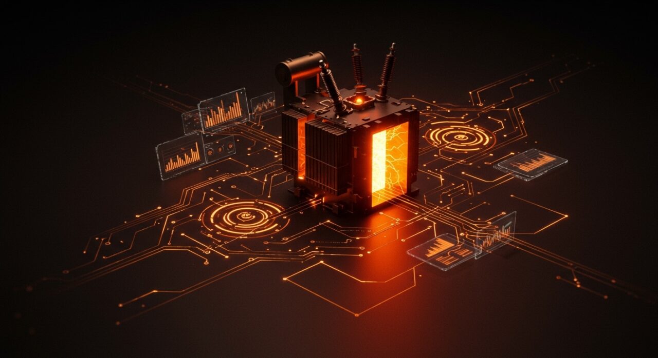 Transformador de estado sólido brillante como símbolo de inversión tecnológica en infraestructura eléctrica y redes inteligentes.