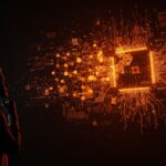 Limitaciones actuales de la inteligencia artificial general representadas por un investigador ante redes neuronales y modelos de lenguaje en tonos naranja y negro.