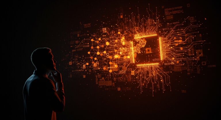 Limitaciones actuales de la inteligencia artificial general representadas por un investigador ante redes neuronales y modelos de lenguaje en tonos naranja y negro.