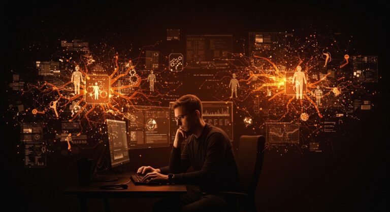 Programador reflexionando sobre la inteligencia artificial y su impacto laboral en un entorno tecnológico con metáforas visuales sobre automatización y futuro del trabajo.