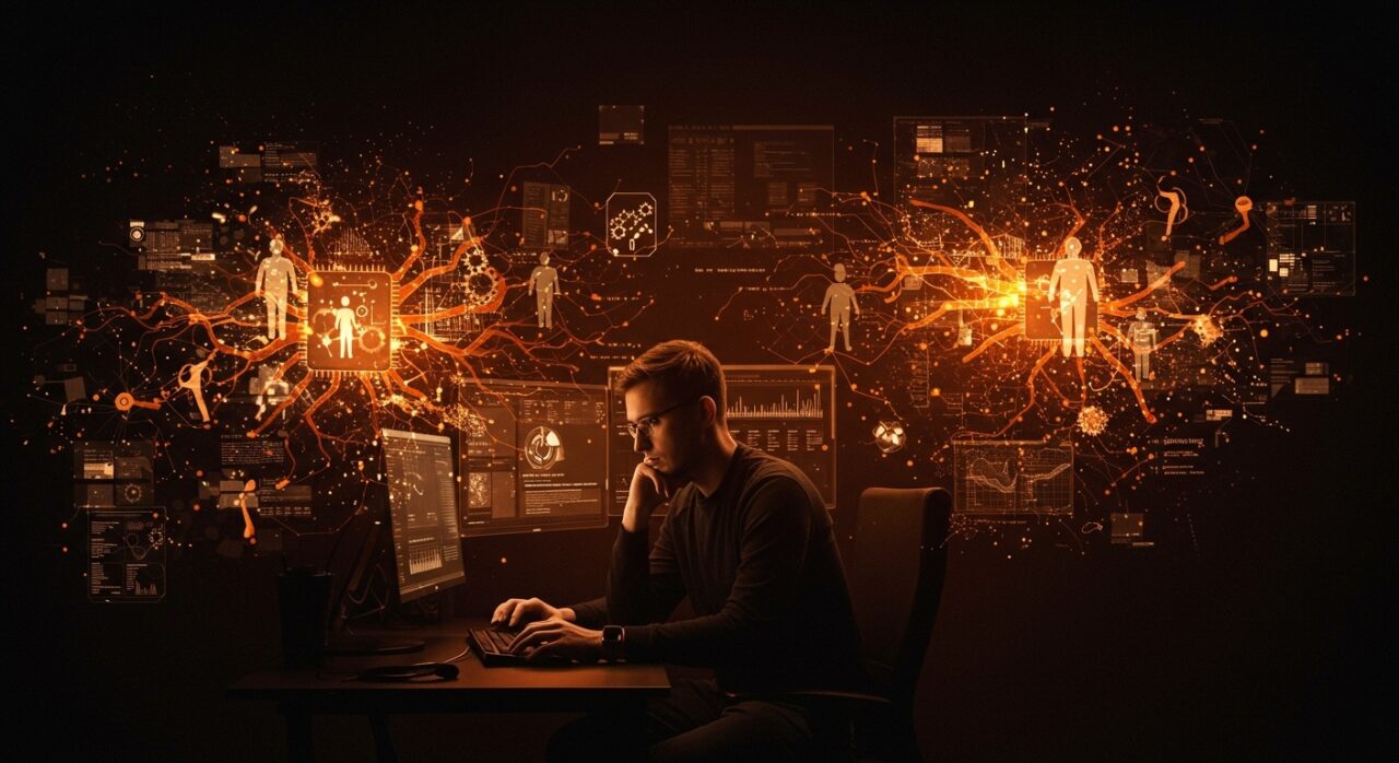 Programador reflexionando sobre la inteligencia artificial y su impacto laboral en un entorno tecnológico con metáforas visuales sobre automatización y futuro del trabajo.