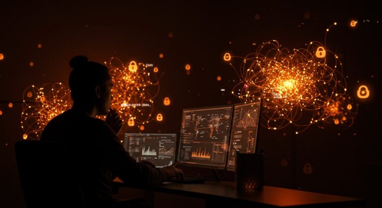 Fundador tecnológico analizando riesgos de seguridad en IA generativa y la vulnerabilidad a hackeos en ChatGPT y Google AI bajo una metáfora visual de redes neuronales y manipulaciones digitales.