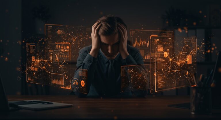 Emprendedor frustrado rodeado de interfaces de proyectos AI similares, simbolizando la saturación tecnológica y la democratización de la inteligencia artificial en startups.