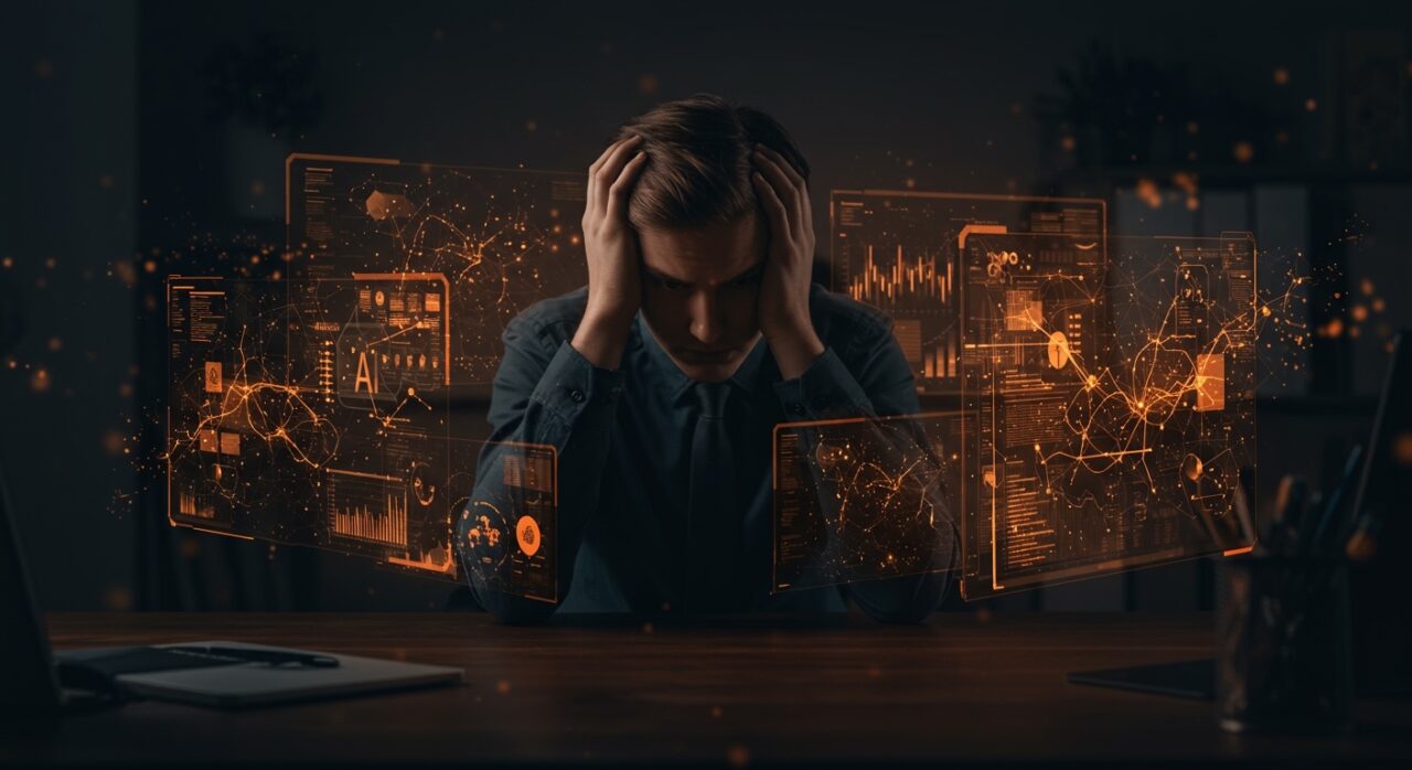 Emprendedor frustrado rodeado de interfaces de proyectos AI similares, simbolizando la saturación tecnológica y la democratización de la inteligencia artificial en startups.