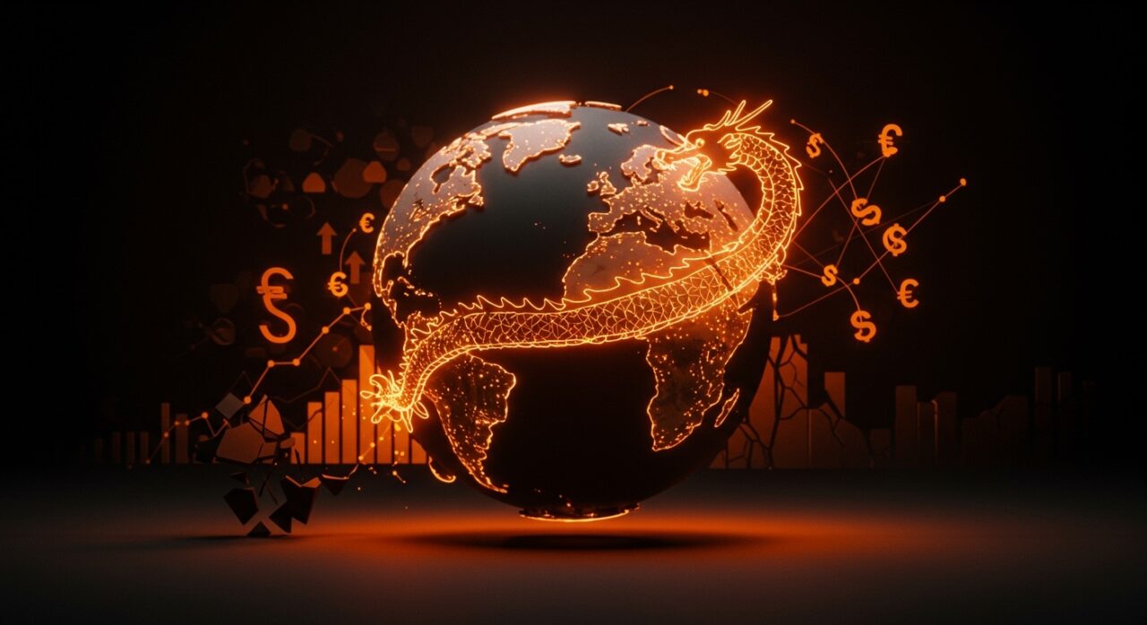 Análisis visual de la convergencia económica global y el impacto de China y el colapso de commodities, con metáforas para países ricos y pobres y startups latinoamericanas.