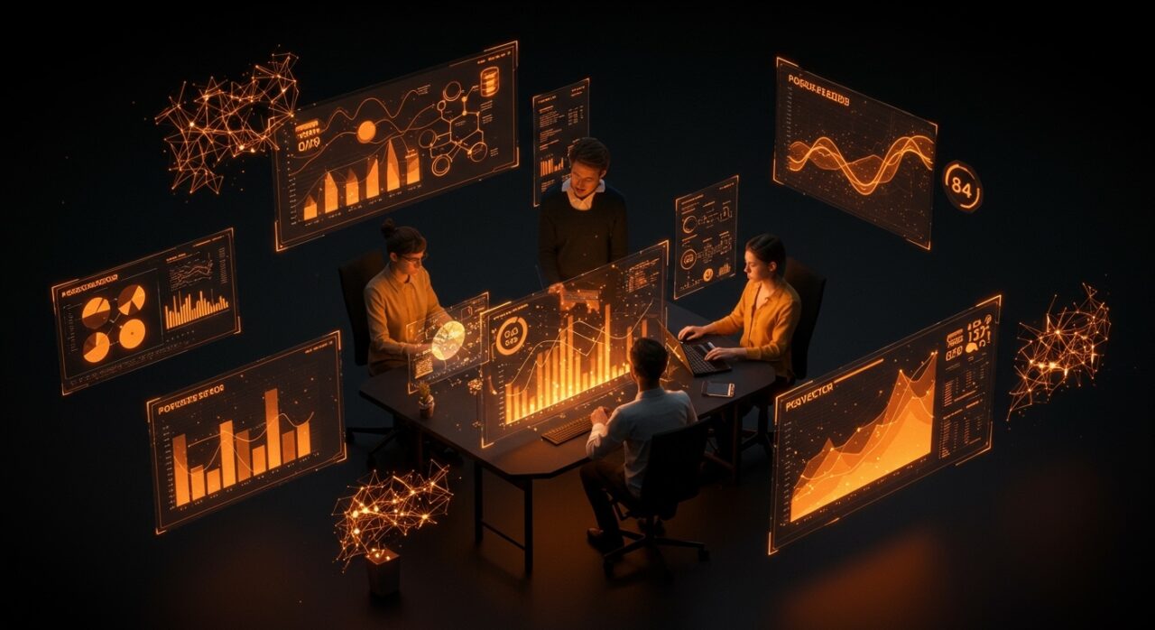 Visualización futurista de startup usando PostgreSQL con IA aplicada y extensiones pgvector y TimescaleDB para simplificar infraestructura y acelerar desarrollo tecnológico en 2026.