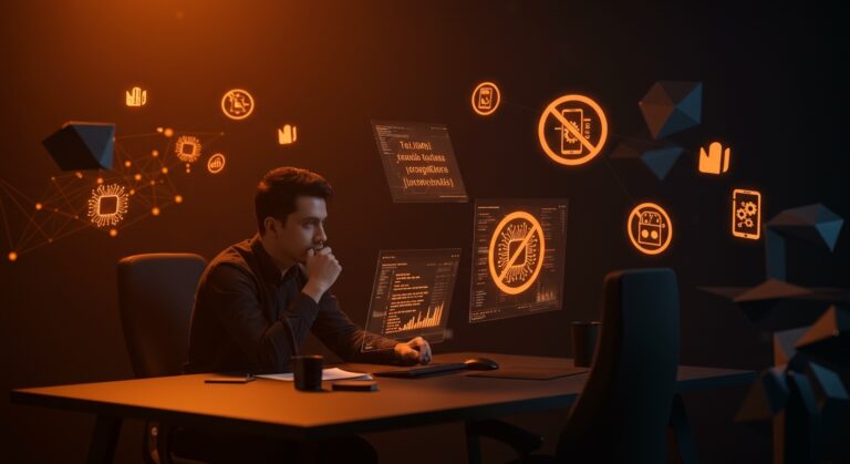 Fundador tecnológico en entorno futurista analizando kernels genéricos y la política de prohibición de IA generativa en postmarketOS, ilustrando gobernanza y desarrollo open source.