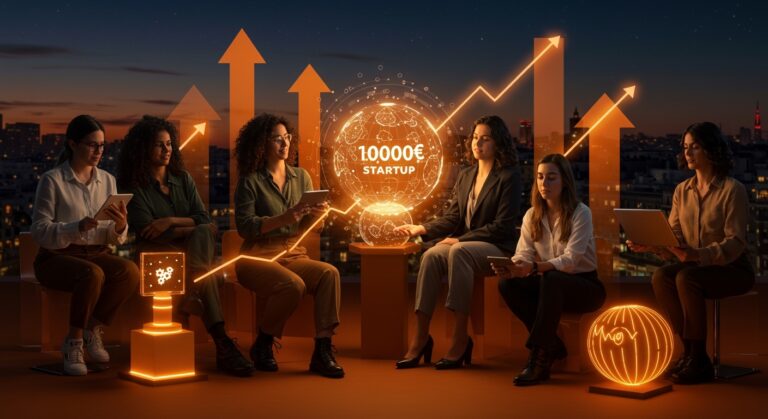 Mujeres emprendedoras colaborando en Madrid con metáforas visuales de financiación y crecimiento tecnológico en startups lideradas por mujeres.