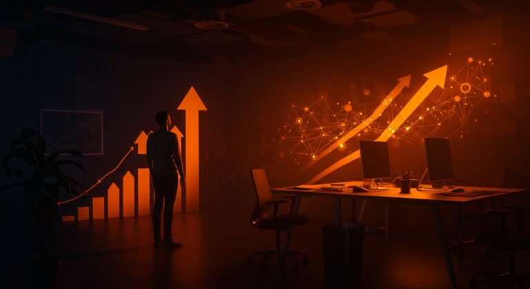 Fundador en ambiente startup iluminado en naranja y negro, representando el premio Joseph C. Belden y oportunidades de escalamiento en innovación tecnológica.