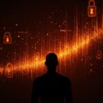 Privacidad de datos para startups tech con enfoque en brechas de seguridad y protección digital en ambiente oscuro con acentos naranja.