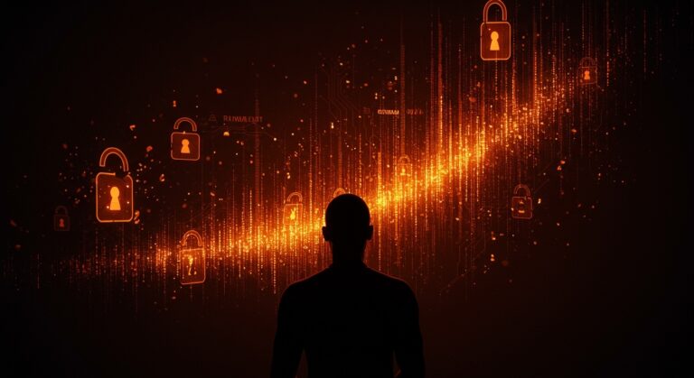 Privacidad de datos para startups tech con enfoque en brechas de seguridad y protección digital en ambiente oscuro con acentos naranja.