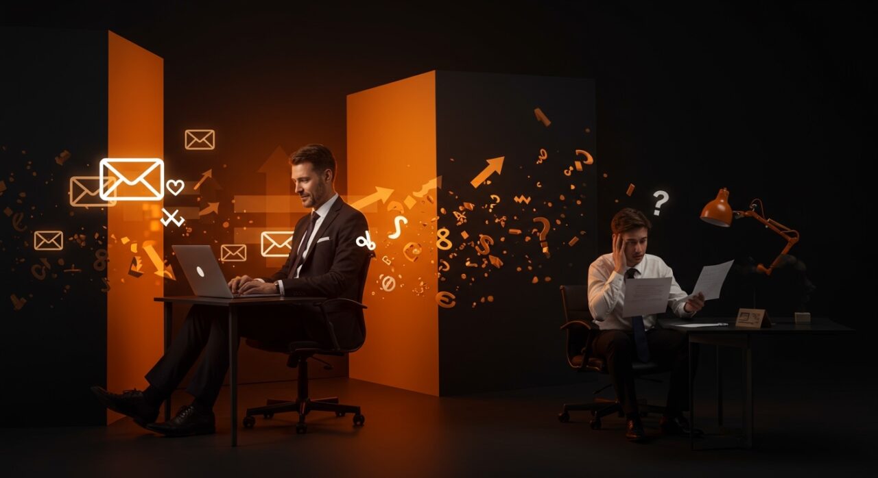 Dinámica de poder y mala gramática en emails corporativos reflejando comunicación profesional y cultura startup.