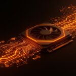 Optimización de GPU y entrega de datos en infraestructura de IA, mostrando GPU inactiva y flujo de datos como metáfora visual del desafío de utilización eficiente.