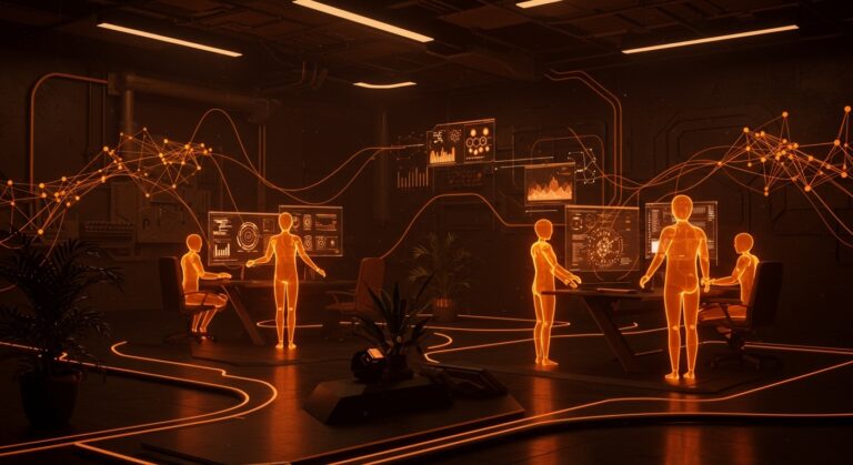 Visualización futurista de microagentes colaborando en tiempo real con IA aplicada en retailtech para gestionar contexto granular y automatización e-commerce.