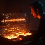 Productor musical trabajando con IA en consola digital futurista integrando tecnología ProducerAI y Google Labs.