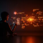 Desarrollador analizando programación funcional y retos en sistemas distribuidos con metáforas visuales de despliegue continuo y compatibilidad de versiones.