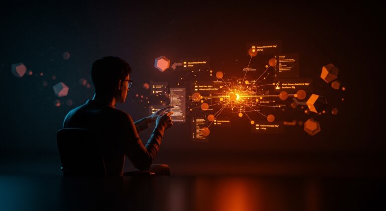 Desarrollador analizando programación funcional y retos en sistemas distribuidos con metáforas visuales de despliegue continuo y compatibilidad de versiones.