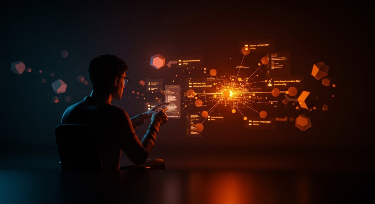 Desarrollador analizando programación funcional y retos en sistemas distribuidos con metáforas visuales de despliegue continuo y compatibilidad de versiones.