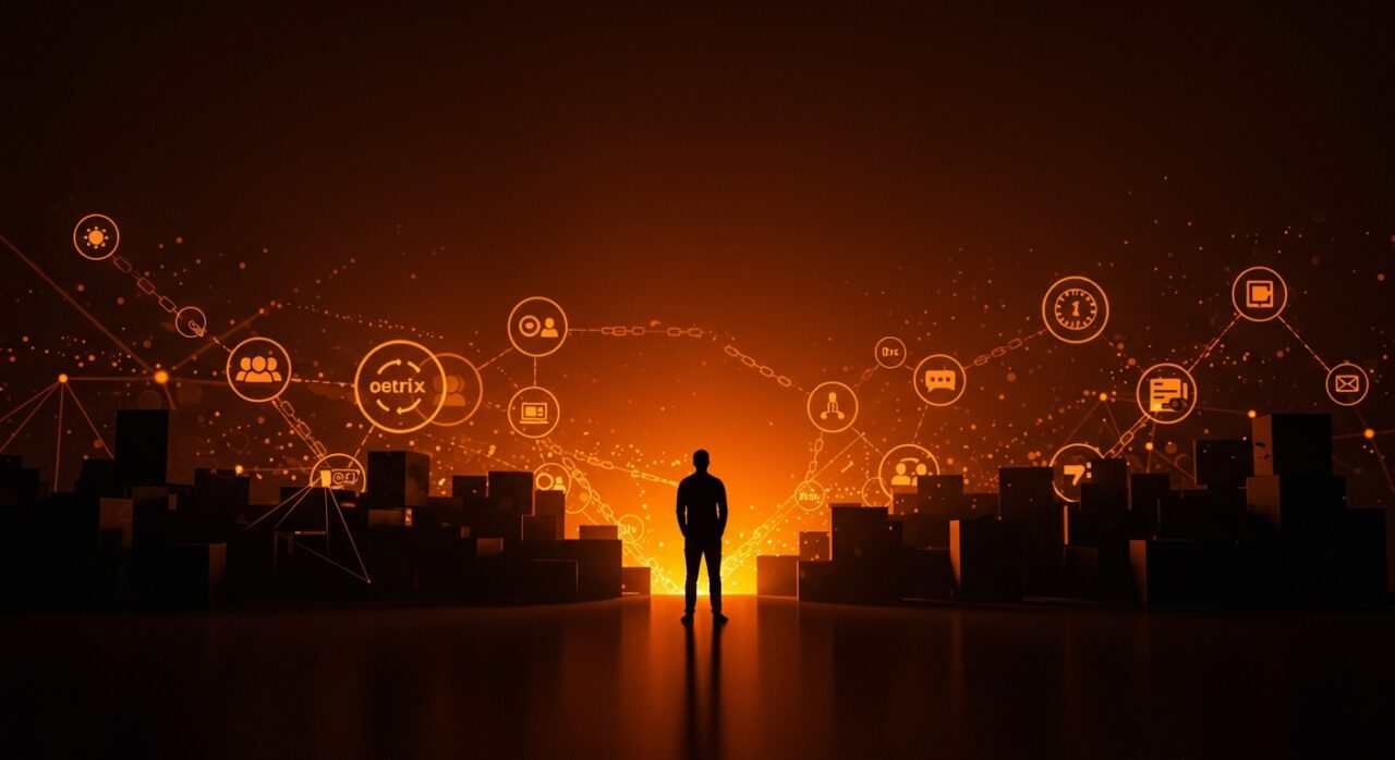 Visualización de protocolos descentralizados frente a servicios centralizados en comunicación digital para startups, simbolizando privacidad y soberanía digital.