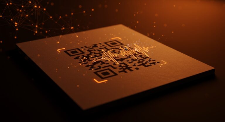 QR code impreso en papel con onda de audio holográfica, representando visión por computadora y reproducción de audio en innovación tecnológica.