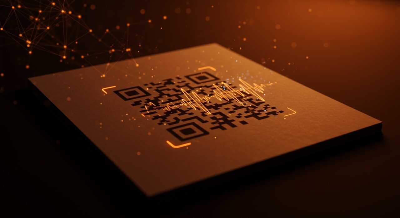 QR code impreso en papel con onda de audio holográfica, representando visión por computadora y reproducción de audio en innovación tecnológica.