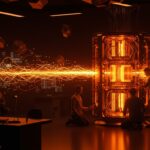 Inversión de venture capital en startups de computación cuántica y deep tech representada por emprendedores colaborando junto a hardware cuántico iluminado en tonos naranja y negro.