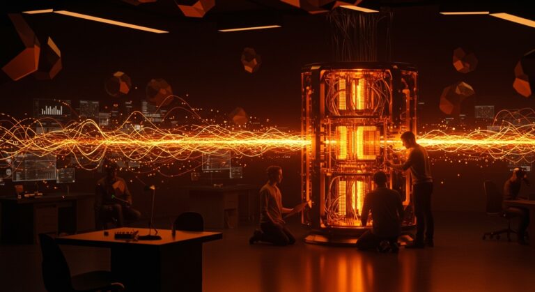 Inversión de venture capital en startups de computación cuántica y deep tech representada por emprendedores colaborando junto a hardware cuántico iluminado en tonos naranja y negro.