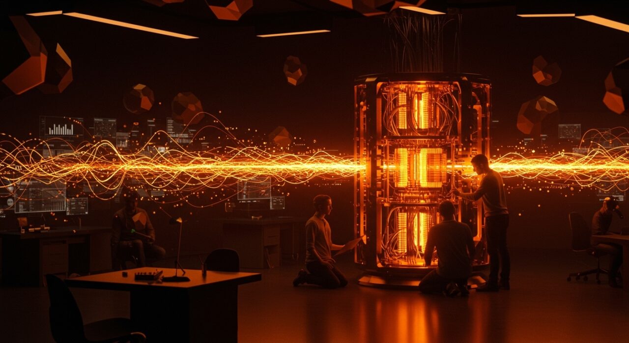 Inversión de venture capital en startups de computación cuántica y deep tech representada por emprendedores colaborando junto a hardware cuántico iluminado en tonos naranja y negro.