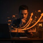 Fundador tech analizando gráficos financieros sobre retornos bursátiles y factores clave del mercado de valores con estilo cinematográfico en Ecosistema Startup.