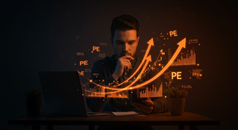 Fundador tech analizando gráficos financieros sobre retornos bursátiles y factores clave del mercado de valores con estilo cinematográfico en Ecosistema Startup.