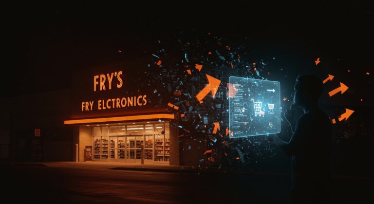 Transformación digital y caída de Fry's Electronics representada con metáforas visuales de ecommerce y adaptación al mercado tech.