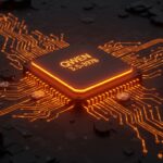 Chip de inteligencia artificial Qwen 3.5 de Alibaba con arquitectura eficiente MoE y capacidades multimodales en fondo tecnológico naranja y negro.