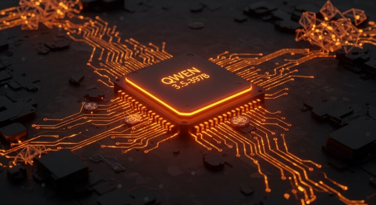 Chip de inteligencia artificial Qwen 3.5 de Alibaba con arquitectura eficiente MoE y capacidades multimodales en fondo tecnológico naranja y negro.