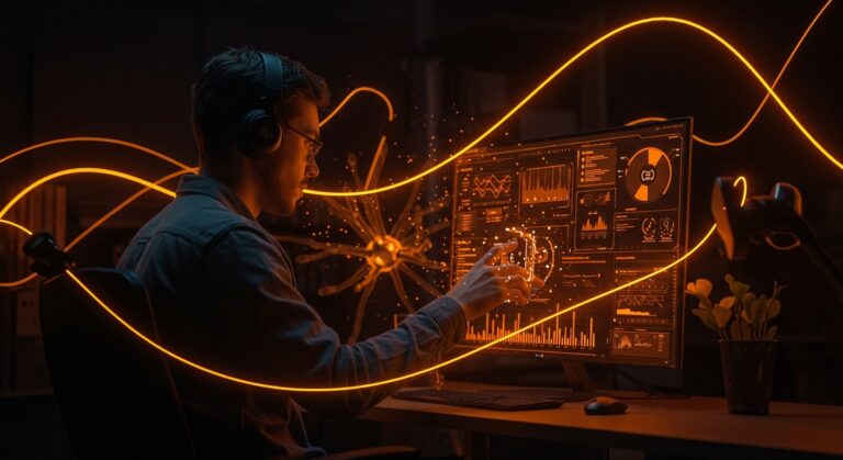 Diseñador trabajando con IA avanzada para infografías profesionales y fotorealismo, destacando Qwen-Image-2.0 para startups tech.