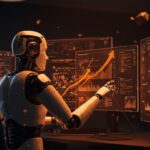 Robótica IA codificando automáticamente con eficiencia en un entorno tecnológico moderno, representando automatización y benchmarks en startups.