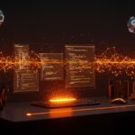 Interfaz holográfica de codificación con inteligencia artificial Qwen3-Coder-Next mostrando automatización avanzada y arquitectura ultra-sparse en ecosistema startup.