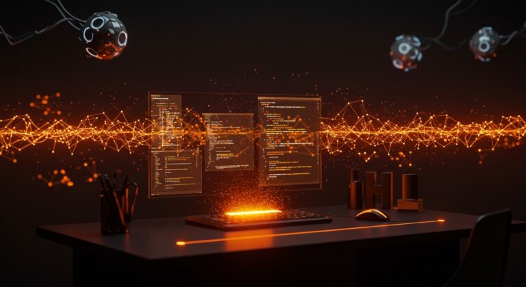 Interfaz holográfica de codificación con inteligencia artificial Qwen3-Coder-Next mostrando automatización avanzada y arquitectura ultra-sparse en ecosistema startup.