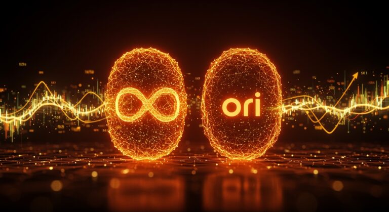 Fusión de startups de inteligencia artificial Brookfield Radiant y Ori representada con redes neuronales y crecimiento de valoración en ecosistema tecnológico.