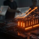 Memoria RAM resaltada en placa madre junto a equipo startup analizando costos de hardware y mercado semiconductores.