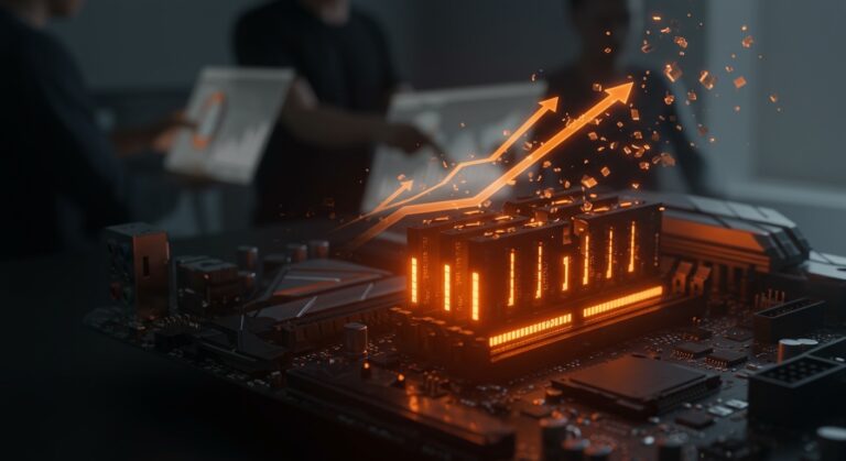 Memoria RAM resaltada en placa madre junto a equipo startup analizando costos de hardware y mercado semiconductores.