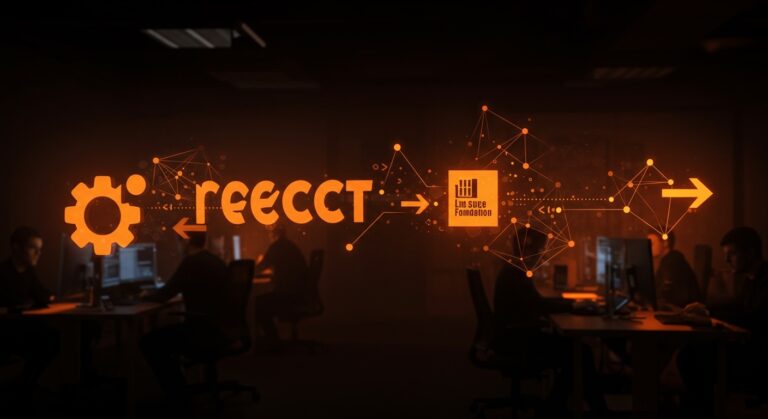 Migración de React a Linux Foundation representada por logos fusionándose en un ecosistema developer dinámico, destacando impacto en startups y gobernanza open source.