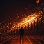 Ilustración de libertad en internet con símbolo de evasión de censura y privacidad online en un entorno digital oscuro con luces naranjas.