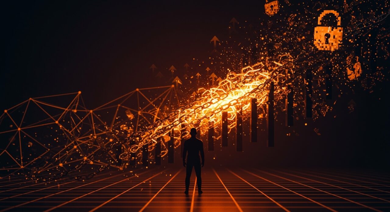 Ilustración de libertad en internet con símbolo de evasión de censura y privacidad online en un entorno digital oscuro con luces naranjas.