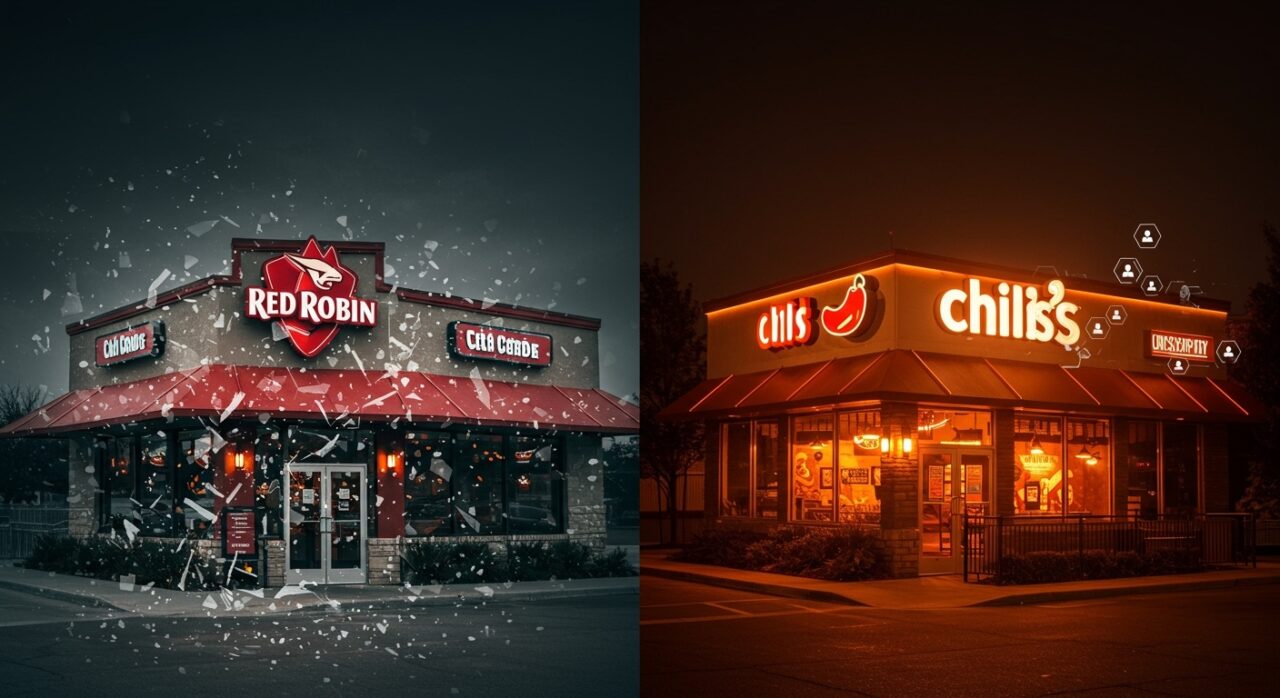 Comparación visual entre Red Robin y Chili's mostrando colapso del valor y crecimiento empresarial en estrategia y experiencia del cliente.