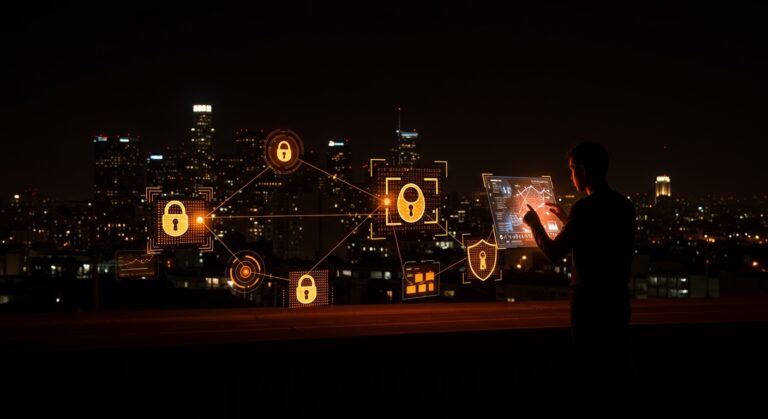 Red de vigilancia ALPR no autorizada en California, ilustrando desafíos en privacidad de datos y tecnología de monitoreo para startups.