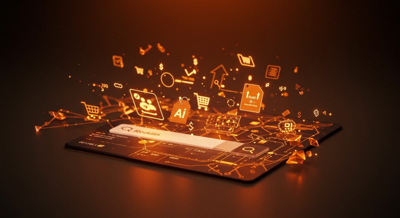 Interfaz digital futurista de búsqueda con IA para shopping en Reddit, mostrando productos y precios, destacando innovación en e-commerce y retail tech.