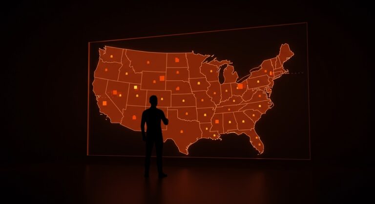 Mapa digital segmentado mostrando redistricting y concentración de poder partidista, simbolizando desafíos regulatorios para startups y founders.