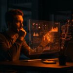 Fundador tecnológico revisando investigación académica con herramientas de inteligencia artificial para startups, destacado en automatización inteligente.