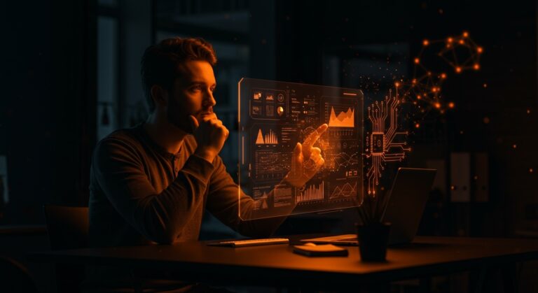 Fundador tecnológico revisando investigación académica con herramientas de inteligencia artificial para startups, destacado en automatización inteligente.