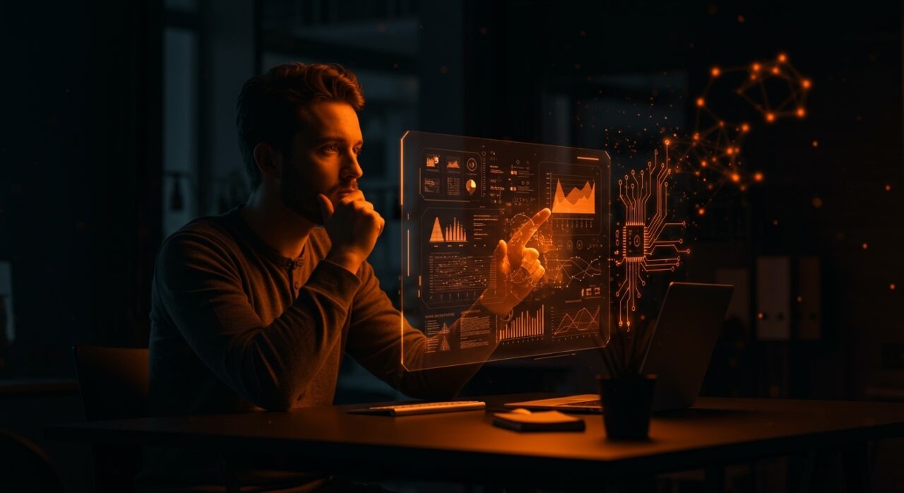 Fundador tecnológico revisando investigación académica con herramientas de inteligencia artificial para startups, destacado en automatización inteligente.